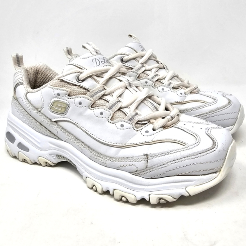 Skechers D Lites White Sneakers Leather Womens Size 6.5 Memory Foam 11931 LaceUp